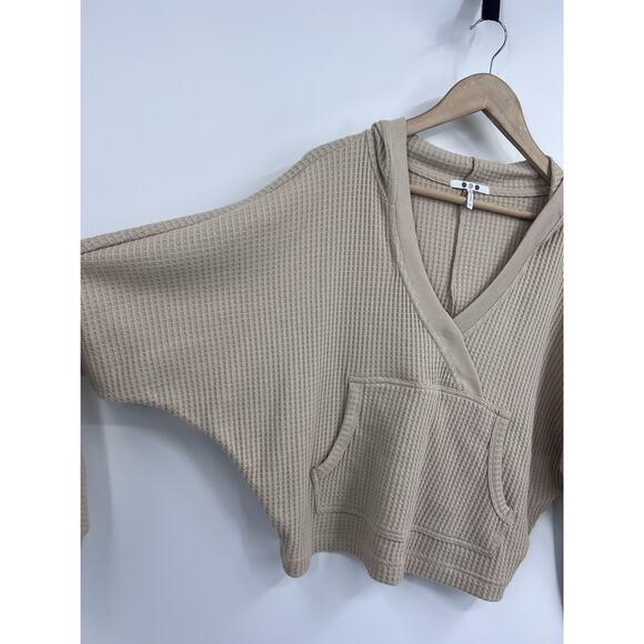 Three Dots Taupe Waffle Knit Hooded Crop Henley XS Oversized V-neck - Picture 3 of 6